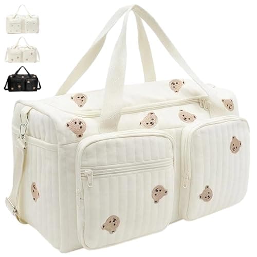 Image of Gonggi Large Baby Changing & Hospital Maternity Bag, Cotton Mommy Diaper Tote Bags with Embroidery Large Capacity Multiple Soft Nappy Bag Lightweight Travel Duffel Bags with Shoulder Strap
