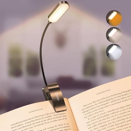 Image of Gritin Reading Light Book Clamp, USB C Rechargeable Book Light with 16 LEDs, 3 Color Temperature Modes (White/Amber/Mixed), Infinite Brightness Clamp Lamp, 360° Flexible for Night Reading in Bed