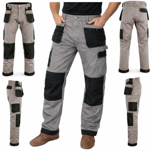 Image of GRS Multi Pockets Mens Combat Cargo Work Trousers with Knee Pad Pockets, Grey, 46" Waist - Long