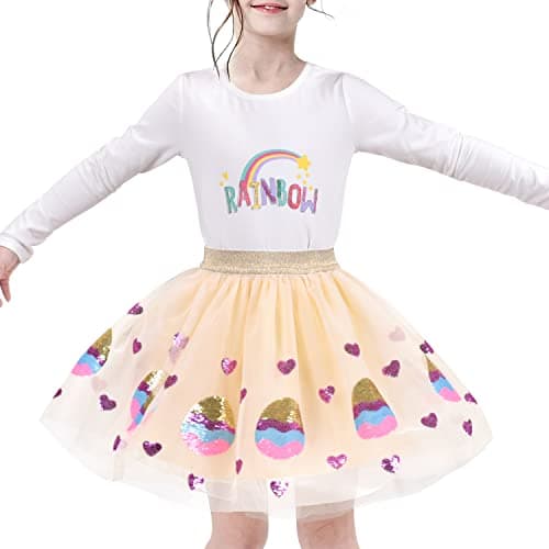 Image of Sunny Fashion Girls Skirt Tutu Dress Shiny Easter Egg Colorful Sequin Glitter Waist Age 6 Years Beige