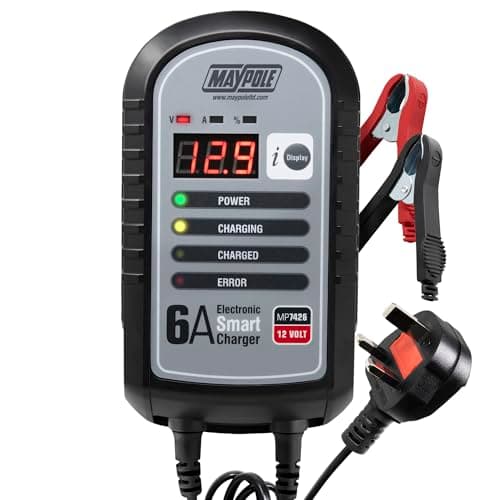 Image of Maypole 6A 12V Electronic Smart Car Battery Charger Fully Automatic 9 Stage Charging Cycle Lead Acid AGM Gel Vehicle Batteries