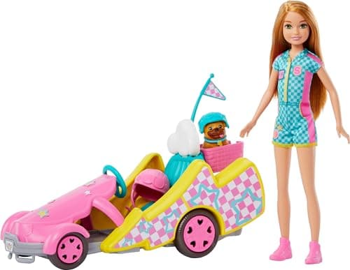 Image of Barbie Stacie Doll with Go-Kart Car with Rolling Wheels, Dog, Accessories, & Sticker Sheet, 9-Piece Toy Set, HRM08