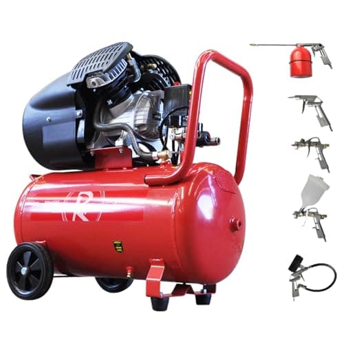 Image of Air Compressor 50L Litre Electric V Twin 3HP Portable 2.2kw 116psi 11.8CFM 5 Piece Accessories Kit Workshop Garage 230v 3 Pin 13amp UK Plug Red Low Noise 39kg