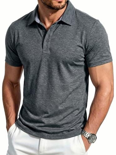Image of EKLENTSON Men's Polo Shirts Breathable Quick Dry Short Sleeve Summer Outdoor Lightweight Collared T-Shirts 3 Buttons,Dark Grey,XL