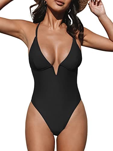 Image of CUPSHE Women Swimming Costume One Piece Swimsuit Deep V Wire Neck Crisscross Back Adjustable Strap Slimming Swimwear Black XS