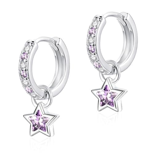 Image of Glintara Hoop Earrings for Women Teenage Girls, Silver Star Hoops Earrings with Purple Cubic Zircon, 925 Sterling Silver Huggie Earrings with Star Dangle, Hypoallergenic Dangly Earrings for Daughter