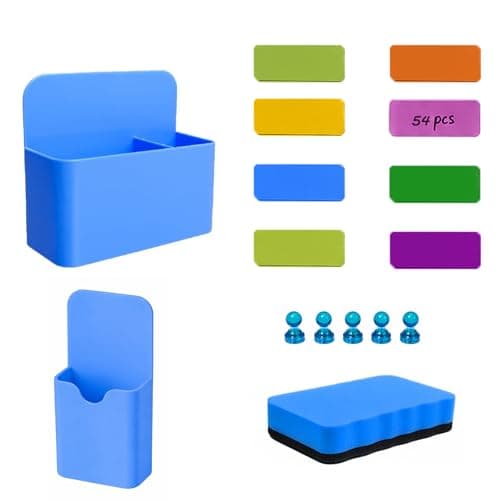 Image of 62Pcs Whiteboard Accessory Set: Pack of 54 Magnetic Labels Rewritable, 5 Strong Neodymium Magnets, 2 Magnetic Pen Holders and 1 Eraser for Whiteboard Fridge Student Teacher Classroom Shchool Office