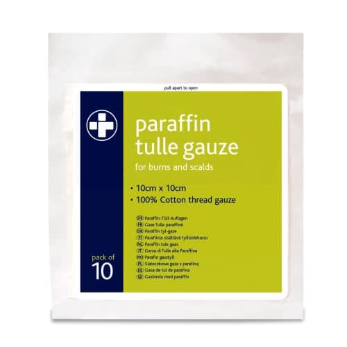 Image of Reliance medical Paraffin Tulle Gauze for Minor Burns, Scalds, Cuts and Abrasions - 100% Cotton Thread Gauze - 10cm x 10cm (Pack of 15)