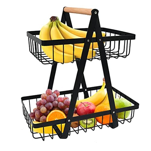 Image of FOCCTS 2 Tier Vegetable Rack, Stainless Steel Vegetable Fruit Storage Basket Stand Hanging Baskets for Fruit Vegetables Snacks Home Kitchen Bedroom Bathroom Storage