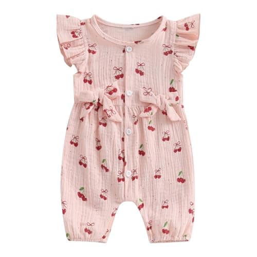 Image of XIXIMAON Baby Girls Rompers Cherry Print Round Neck Flying Sleeve Bow Decor Button Down Bodysuits Infant Outfit Newborn Summer Clothes Linen Jumpsuit (Pink, 3-6 Months)