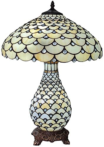 Image of Tiffany Style 59cm High x 41cm Dia Table Lamp Cream Jewelled Umbrella Design Glass Shade & Base