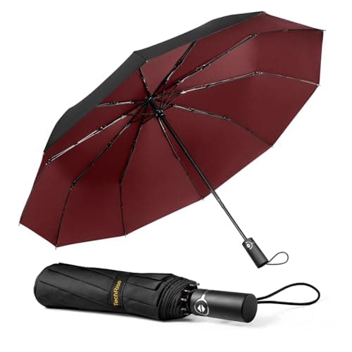 Image of TechRise Umbrella Compact Windproof Travel Umbrellas: Easy Auto Open Close, Strong Fiberglass Frame, Durable Folding Lightweight Portable Automatic Backpack Umbrella for Men and Women, 10 Ribs