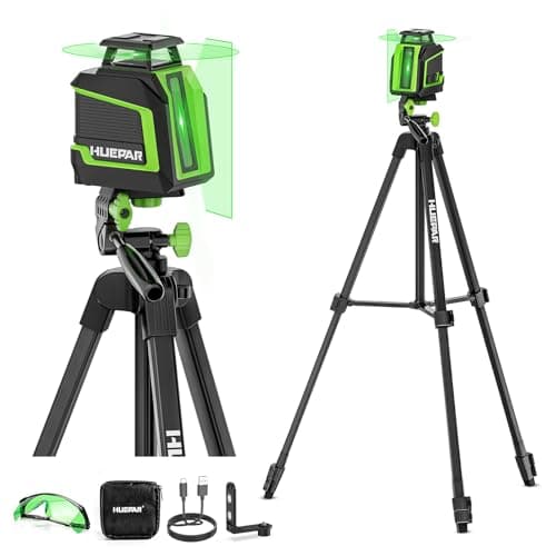 Image of Laser Level with 140CM Tripod, HUEPAR 98Ft Self Leveling Laser Level Green Line Laser Cross Line Laser Leveler Tool for Picture Hanging, Tile, Home Renovation, Indoor Project, Battery&Goggles Included