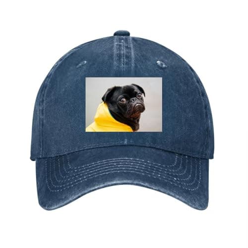Image of Hat Pug Dog in Yellow Raincoat Black and Yellow Cotton Navy Blue Slate Blue Baseball Cap Premium Comfort Fit High Density Reinforced Gift