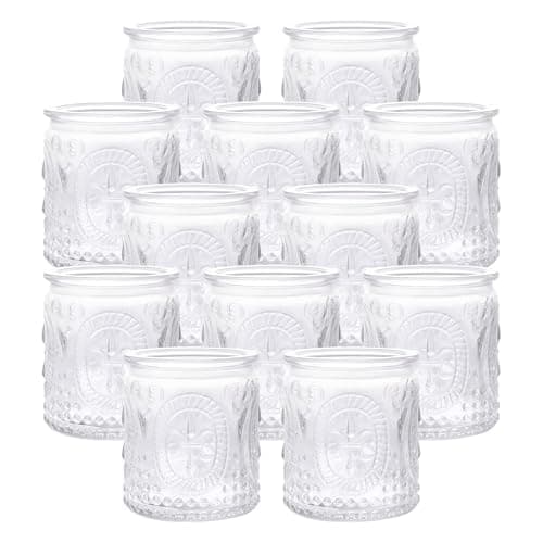 Image of 12PCS Glass Tea Light Candle Holders,6.6cm x 5.8cm Vintage Candle Jar, Coloured Tealight Holders, Votive Candle for Indoor, Outdoor, Garden, Dinner, Church, Weddings, Home Décor, Gifts (Clear)