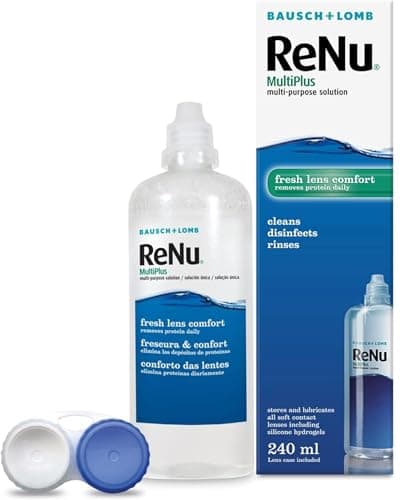 Image of ReNu MultiPlus Multi-Purpose Contact Lens Solution, 240ml, for Soft Contact Lenses, Moisturise, Remove Protein, Clean, Disinfect, Lubricate, Rinse and Store Your Lenses, Lens Case Included