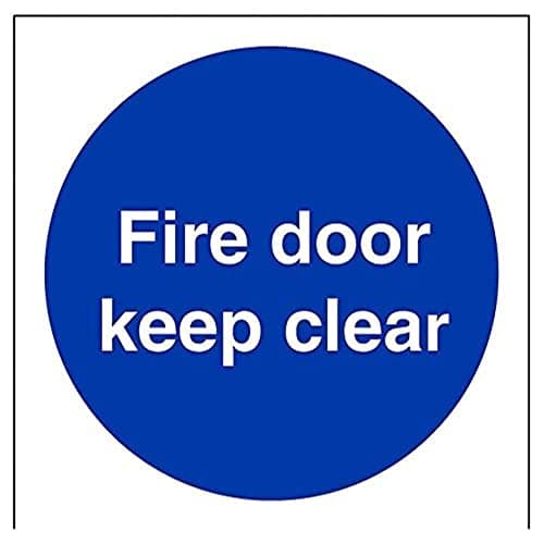 Image of V Safety 18005AF-R Fire Door Keep Clear Mandatory Sign - Square - 100mm x 100mm - 1mm Rigid Plastic, Blue