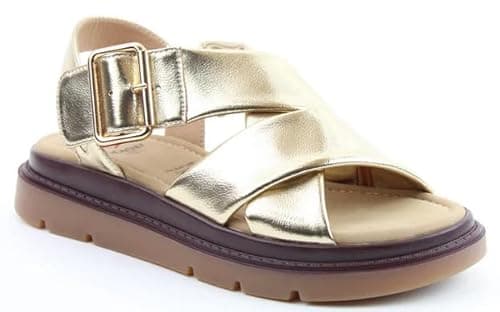 Image of Heavenly Feet Amiee Women's Crossover Strap Sandals with Buckle Closure (Gold, UK Footwear Size System, Adult, Women, Numeric, Medium, 6)