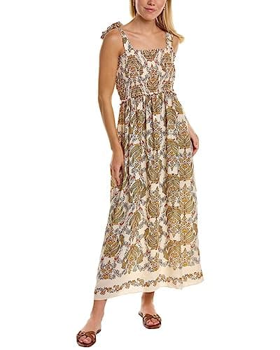 Image of Max Studio Women's Tie Strap Smocked Bodice Maxi Dress, Cream/Orange Paisley Wallpaper, L