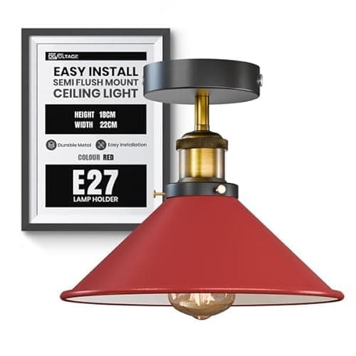 Image of DC VOLTAGE E27 Base Vintage Ceiling Light with 22cm Red Conical Lampshade Metal Easy Fit Rust Free Flush Fitting Lighting for Living Room,Bedroom, Kitchen with Bulb