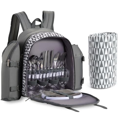 Image of VonShef Picnic Backpack, 4 Person Grey Picnic Bag with Full Dining & Cutlery Set, Insulated Cooler Compartment & Large Waterproof Picnic Blanket, Lightweight Water Resistant Camping Accessories