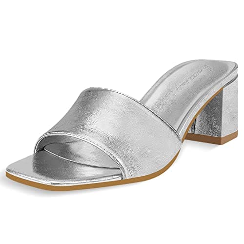 Image of PIZZ ANNU Mules Sandals for Women Block Chunky Heel Slides Ladies Summer Slip on Square Open Toe Heeled Wedding Shoes Silver Size 4