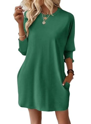 Image of Dokotoo Womens Dresses Summer Fashion 3/4 Sleeve Elastic Smocked Crewneck with Pockets Solid Color Spring Casual Women's Mini Dress Dark Green M