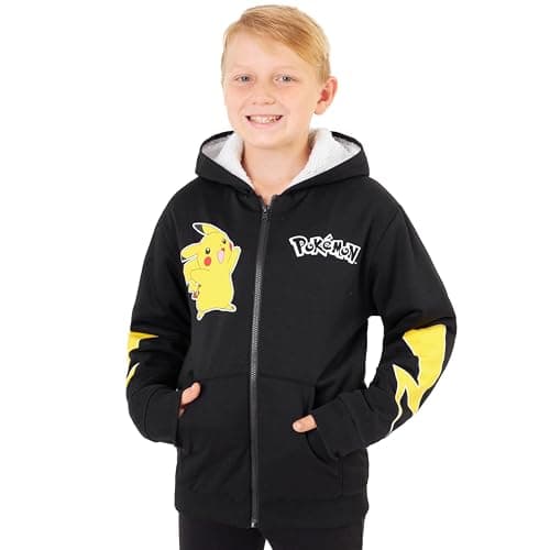 Image of Pokemon Hoodies for Boys Teens 7-14 Years, Soft Sherpa Fleece Hooded Sweatshirt, Warm Zip Up Loungewear, Anime Gifts for Boys (7-8 Years, Black Pikachu)