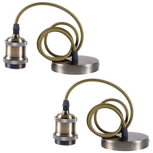 Image of Sevenpers Ceiling Pendant Light Fitting, 2 Pack E27 Bronze Vintage Style Ceiling Rose Light Fitting Lamp Holder Kit with Ground Wire and 90cm Braided Cable