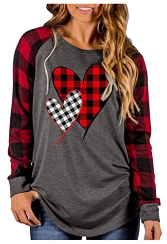Image of Valentine's Day Shirt Women Buffalo Plaid Love Heart Graphic Tees Letter Print Long Sleeve Tops Shirts, Grey, L