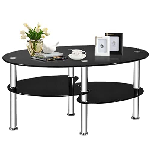 Image of Multigot Tempered Glass Coffee Table, 3-Tier Cocktail Center Table with Open Shelf and Heavy-duty Steel Frame, Oval Snack Tea Sofa Side End Table for Living Room Office (Black)