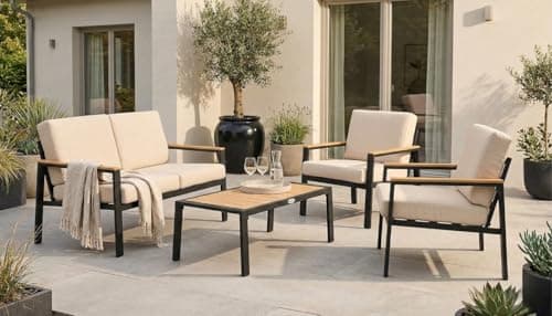 Image of DAKO® 4-Piece Garden Furniture Set BEGANO – Aluminium 2-Seater Sofa, 2 Armchairs & Coffee Table with Wood-Effect Top & Cream Cushions – Modern Outdoor Patio Lounge Set