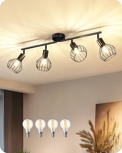 Image of EDISHINE 4 Way Spotlights Ceiling Lights, 4 E14 LED Bulbs Included, 340° Rotatable Industrial Light Fittings Ceilings with Iron Water Drop Cage, 3000K for Kitchen, Bedroom, Hallway, Dining Room