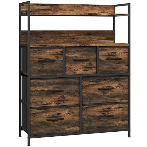 Image of HOMCOM Bedroom Chest of Drawers, Fabric Dresser with 7 Drawers, Storage Organiser Unit with Open Shelves and Metal Frame for Living Room, Entryway, Rustic Brown