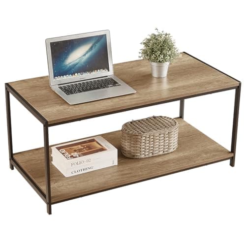 Image of House Of Home Rustic Oak Coffee Table, Metal Frame. 100x50x45cm, 2 Tier Storage, Ideal as Coffee Table, TV Stand or Side Table - Durable Top Surface, Easy to Clean and Assemble