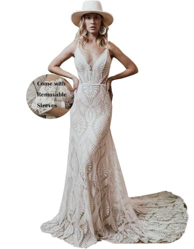 Image of Ayervici Women's Boho Lace Wedding Dress Removable Cold Sleeves V Neck Sheath Long Casual Bridal Gowns, A-ivory-nude Lining, 12