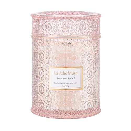 Image of La Jolie Muse Rose Noir & Oud Scented Candle, Large Jar Candle, Natural Vegan Wax, 80 Hour Long Burning, Floral Fragrance for Home