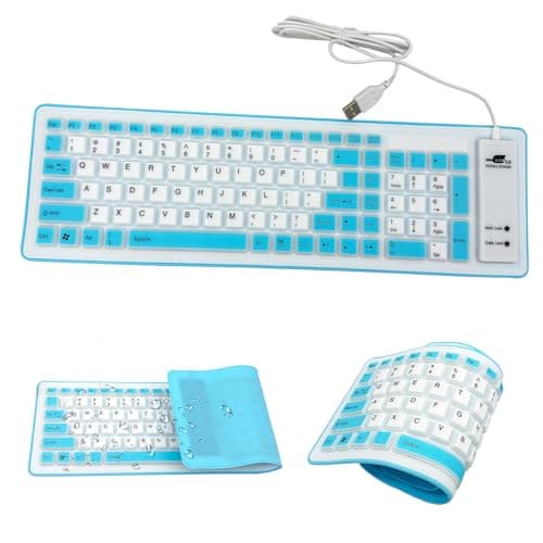 Image of Techson Foldable Silicone Keyboard, Waterproof, Dustproof, USB Wired, Silent Typing, Soft Roll-up Design, UK Layout, Compatible with PC, Laptop(103 Keys, White+Blue)