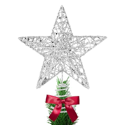 Image of KEYIDO Christmas Tree Topper, Silver 3D Hollow Glitter Tree Star, 8 Inch Metal Christmas Treetop Star for Xmas Tree Topper Ornaments Christmas Home Decorations