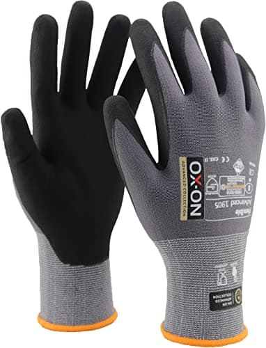 Image of OX-ON Flexible Advanced 1905 Grey Work Gloves, Size 11/2XLarge, 12 Count, Touch Screen Compatible, Breathable, Durable Nitrile Palm, Oeko-Tex Certified