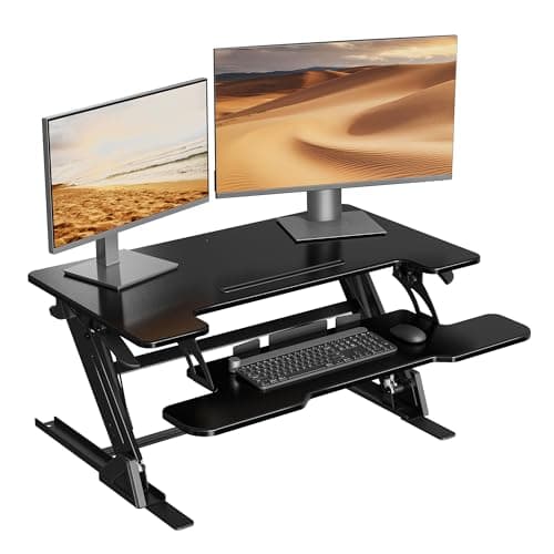 Image of BONTEC Standing Desk Converter, Dual Gas Spring, Height Adjustable Sit-Stand Desk Riser for Dual Monitor Workstation, 91.5cm x 52.2cm Desktop, Sturdy 15kg Capacity, Easy Assembly, Space-Saving