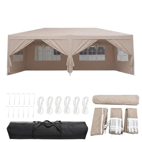 Image of Panana Pop Up Gazebo with Side Panels, 6x3m, Waterproof Canopy Tent with Windows, 3 Height Adjustable Levels, Carry Bag Included (Beige)