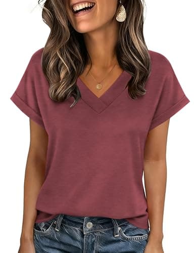 Image of Zeagoo T Shirts for Women UK V Neck Tops Batwing Short Sleeve Tshirt Summer Casual Loose Tee Wine Red XL