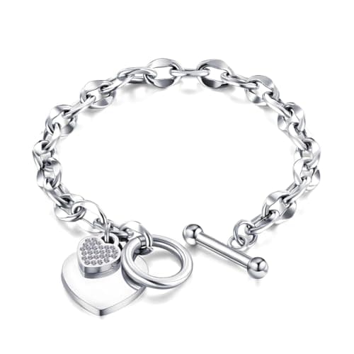 Image of MGJ™ Crystal Heart Charm Toggle Bracelet for Women - Hypoallergenic Silver/Rose Gold Jewellery Gift for Her (Silver)