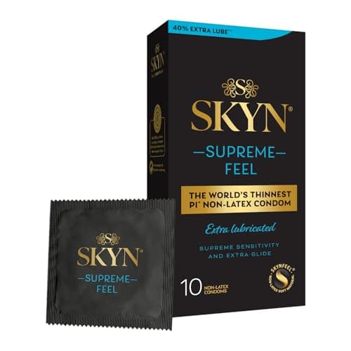 Image of SKYN Supreme Feel Extra Lubricated Condoms, Pack of 10, SKYNFEEL Latex Free Condoms for Men, Regular Size, Strong & Thin, Smooth Straight Shape, Lubricated, 53mm Wide