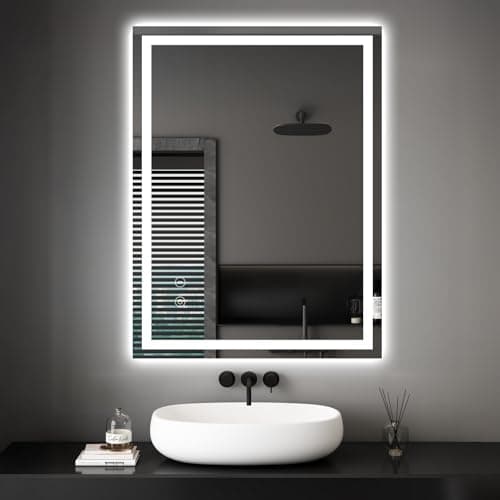 Image of Dripex Bathroom Mirror with LED Lights, 450 * 600 MM Illuminated Bathroom Mirror Wall Mounted Vanity Mirror, Bathroom Light Mirror with Demister Pad, Horizontal/Vertical