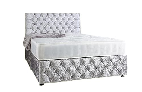 Image of Perfect Sleep 4FT6 Double Silver Crushed Velvet Divan Bed Set Including medium feel mattress And Headboard