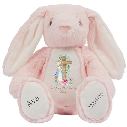 Image of Personalised Christening Bunny with Name - Peter Cross Rabbit Pink Flowers On your Christening Day Soft Toy for Baby, Toddler, Kids, Child, Babies Baptism Church Spring Time - Blue Letter Pin Bunny