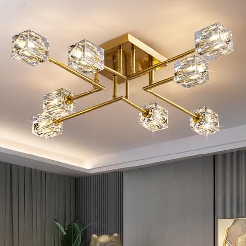 Image of OKES Modern Crystal Ceiling Light,Semi Flush Mount Ceiling Light Fixture with 8-Lights,Gold Sputnik Chandeliers for Bedroom,Dining Room,Farmhouse Kitchen,Office,Living Room