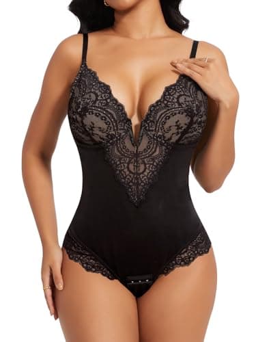 Image of SHAPERIN Women Lace Bodysuit Shapewear Tummy Control Shaping Bodysuit Sexy Deep V Neck Bodysuit Top Body Shaper with Bra, Black, L